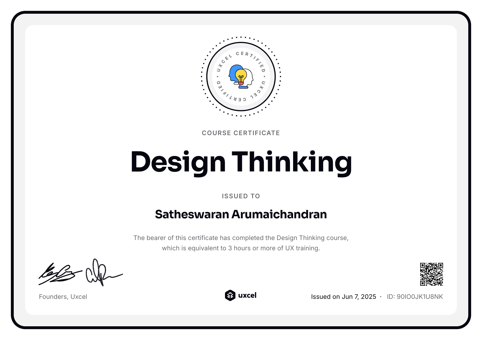 Satheswaran Arumaichandran's certificate
